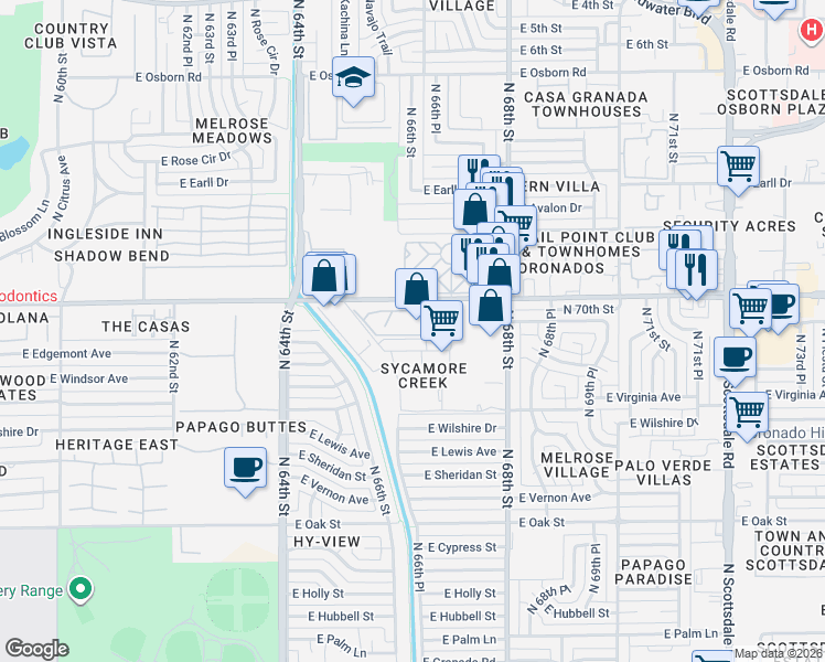map of restaurants, bars, coffee shops, grocery stores, and more near 212 North 75th Place in Scottsdale