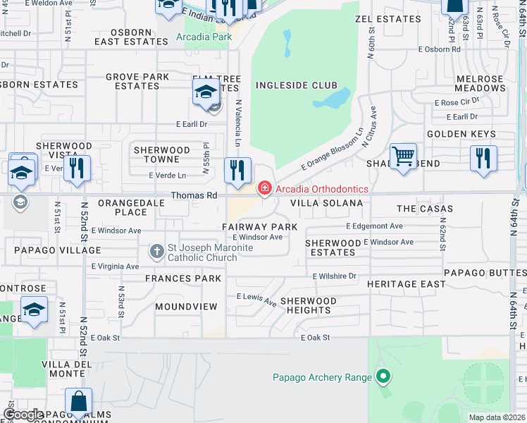 map of restaurants, bars, coffee shops, grocery stores, and more near 5701 East Edgemont Avenue in Scottsdale