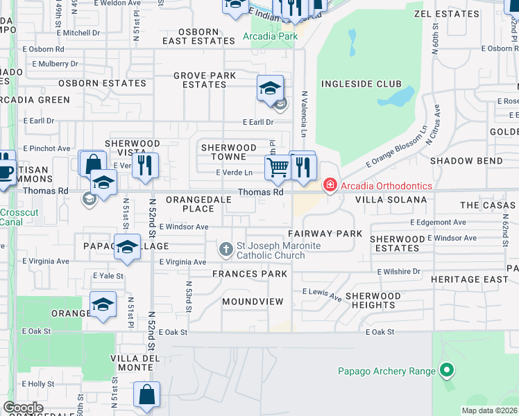 map of restaurants, bars, coffee shops, grocery stores, and more near 5402 East Windsor Avenue in Phoenix