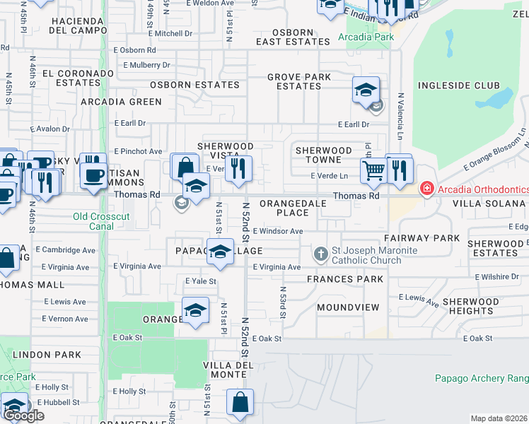 map of restaurants, bars, coffee shops, grocery stores, and more near 5222 East Windsor Avenue in Phoenix