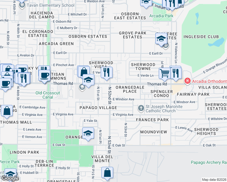 map of restaurants, bars, coffee shops, grocery stores, and more near 5222 East Windsor Avenue in Phoenix