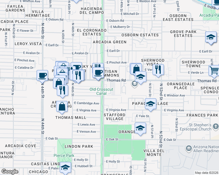 map of restaurants, bars, coffee shops, grocery stores, and more near 4833 East Windsor Avenue in Phoenix