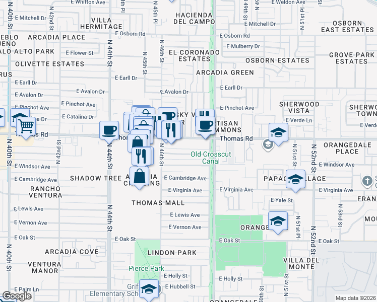 map of restaurants, bars, coffee shops, grocery stores, and more near 4634 East Windsor Avenue in Phoenix