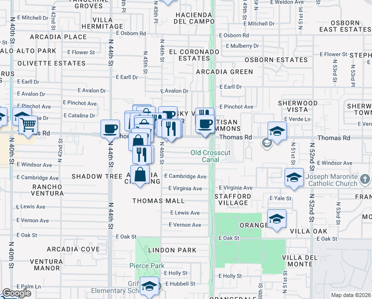 map of restaurants, bars, coffee shops, grocery stores, and more near 4634 East Windsor Avenue in Phoenix