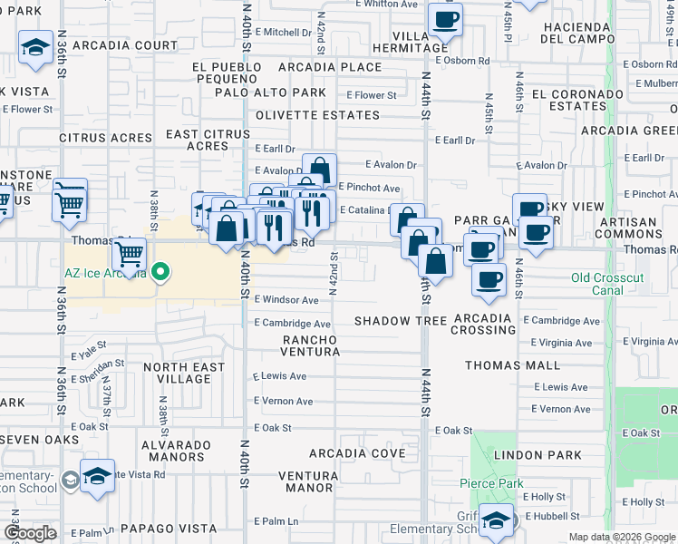 map of restaurants, bars, coffee shops, grocery stores, and more near 4140 East Windsor Avenue in Phoenix