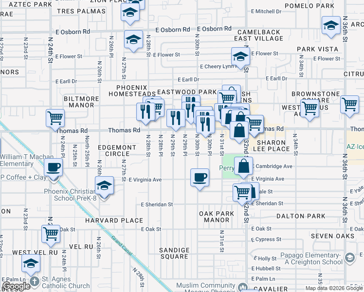 map of restaurants, bars, coffee shops, grocery stores, and more near 2642 North 29th Place in Phoenix