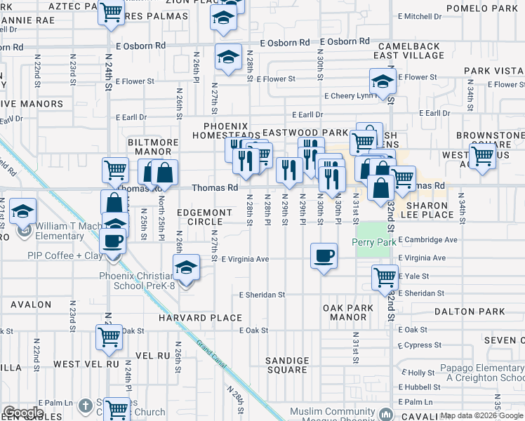map of restaurants, bars, coffee shops, grocery stores, and more near 2801 North 28th Street in Phoenix
