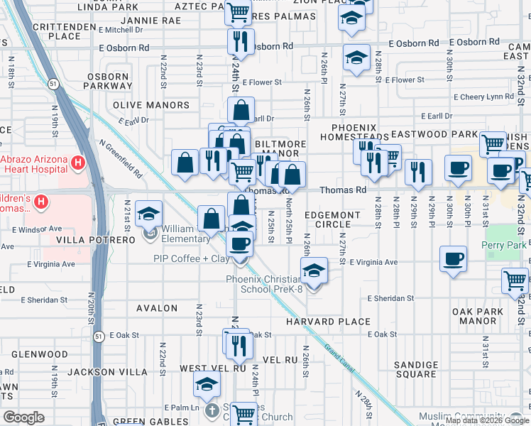 map of restaurants, bars, coffee shops, grocery stores, and more near 2721 North 24th Place in Phoenix