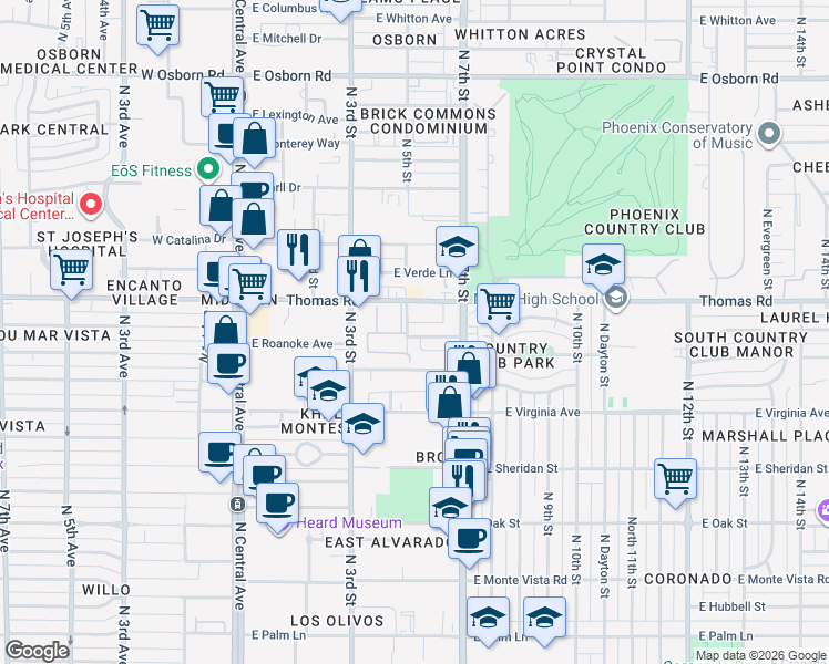 map of restaurants, bars, coffee shops, grocery stores, and more near 501 East Roanoke Avenue in Phoenix