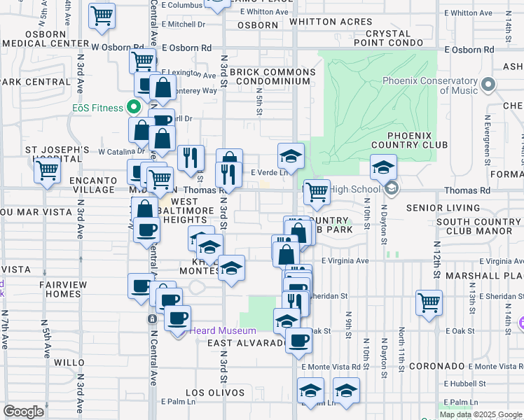 map of restaurants, bars, coffee shops, grocery stores, and more near 501 East Roanoke Avenue in Phoenix