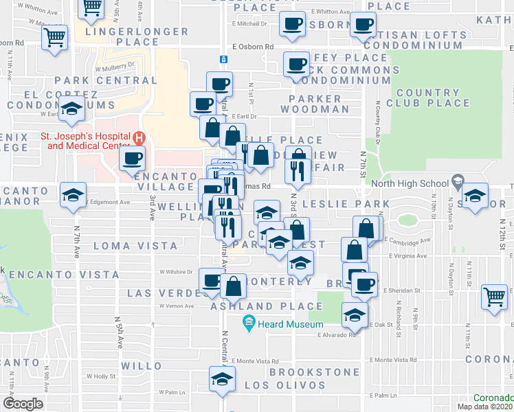 map of restaurants, bars, coffee shops, grocery stores, and more near 61 East Roanoke Avenue in Phoenix