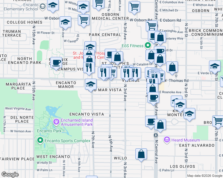 map of restaurants, bars, coffee shops, grocery stores, and more near 341 West Windsor Avenue in Phoenix