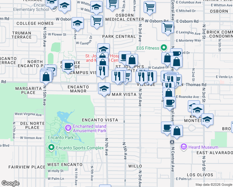 map of restaurants, bars, coffee shops, grocery stores, and more near 521 West Windsor Avenue in Phoenix