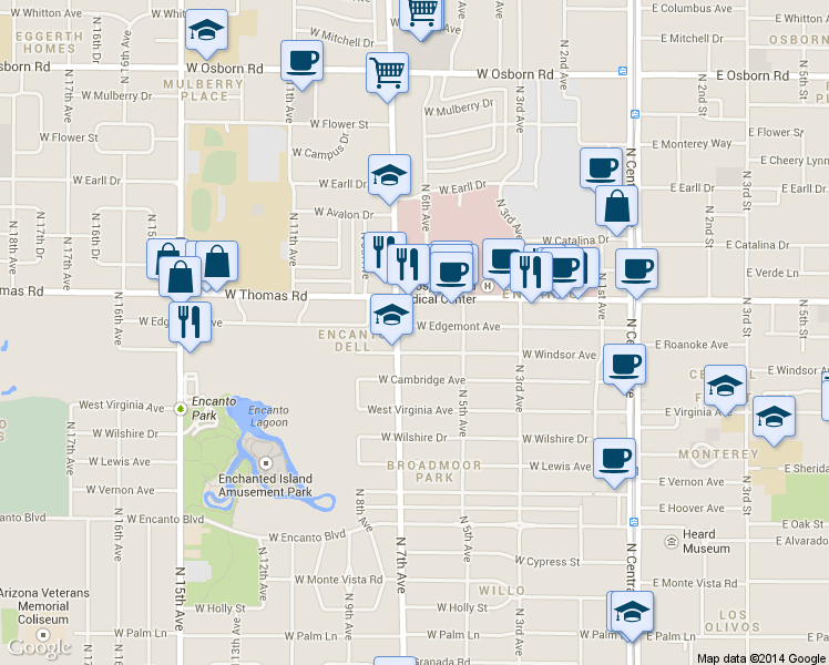 map of restaurants, bars, coffee shops, grocery stores, and more near 701 West Windsor Avenue in Phoenix