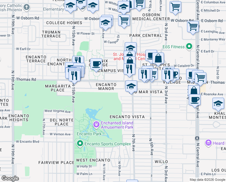 map of restaurants, bars, coffee shops, grocery stores, and more near 845 West Edgemont Avenue in Phoenix