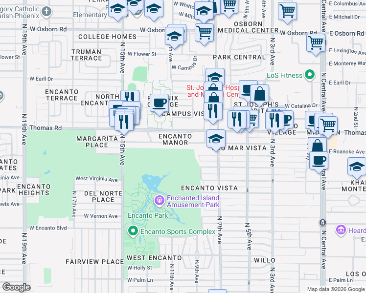 map of restaurants, bars, coffee shops, grocery stores, and more near 845 West Edgemont Avenue in Phoenix