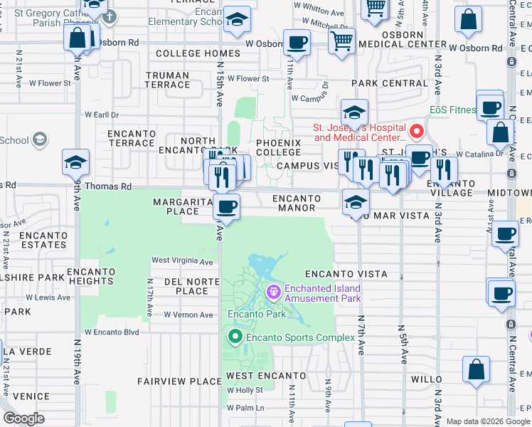 map of restaurants, bars, coffee shops, grocery stores, and more near 1301 West Edgemont Avenue in Phoenix