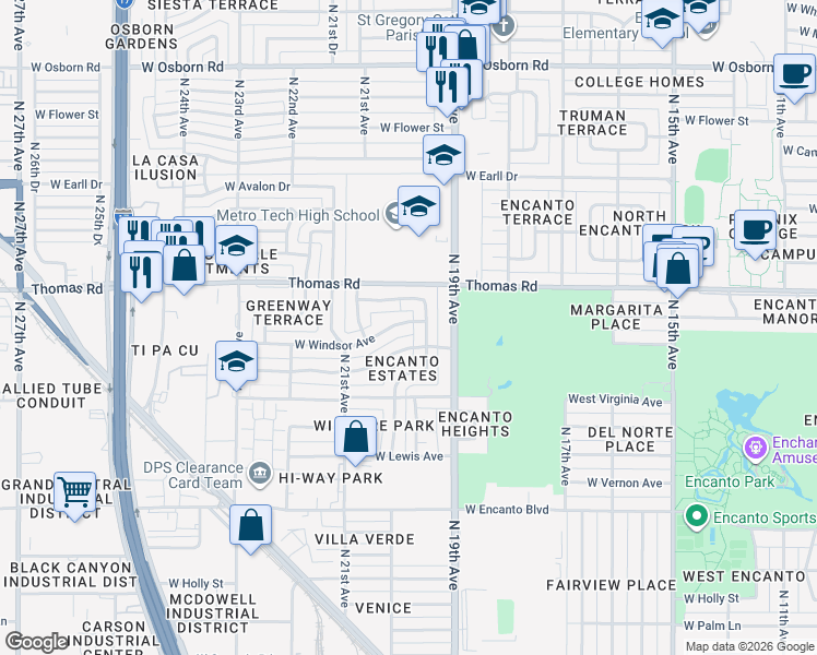 map of restaurants, bars, coffee shops, grocery stores, and more near in Phoenix