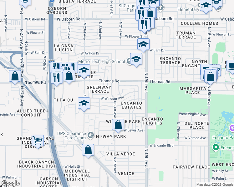 map of restaurants, bars, coffee shops, grocery stores, and more near 2061 W Windsor Ave in Phoenix