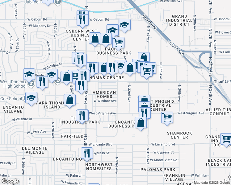 map of restaurants, bars, coffee shops, grocery stores, and more near 3320 West Windsor Avenue in Phoenix