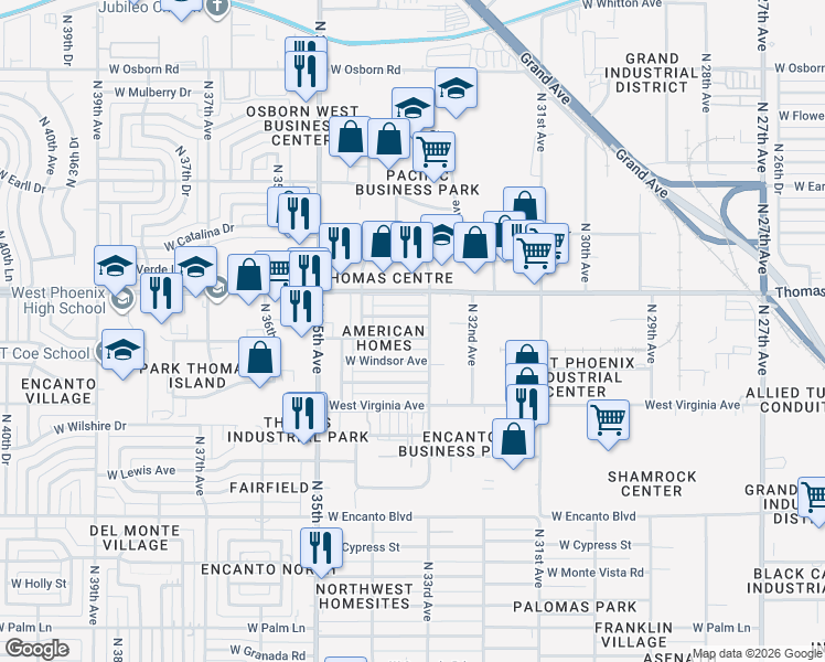 map of restaurants, bars, coffee shops, grocery stores, and more near 3320 West Windsor Avenue in Phoenix