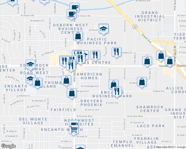 map of restaurants, bars, coffee shops, grocery stores, and more near 3320 West Windsor Avenue in Phoenix