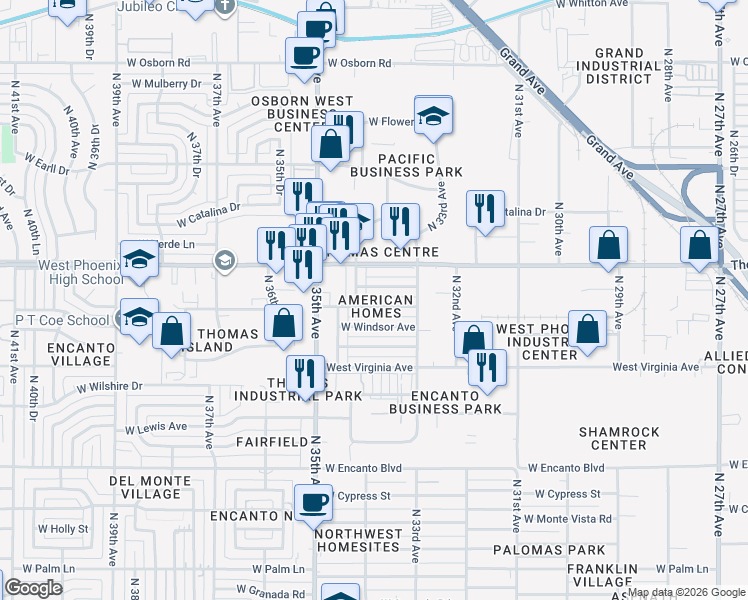 map of restaurants, bars, coffee shops, grocery stores, and more near 3402 West Windsor Avenue in Phoenix