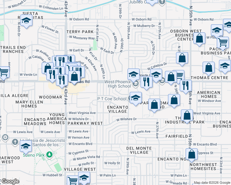 map of restaurants, bars, coffee shops, grocery stores, and more near 3934 West Windsor Avenue in Phoenix