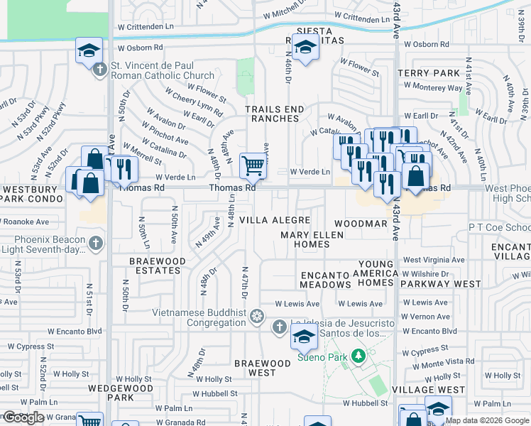 map of restaurants, bars, coffee shops, grocery stores, and more near 4625 West Thomas Road in Phoenix