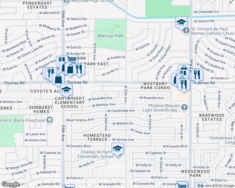 map of restaurants, bars, coffee shops, grocery stores, and more near 5525 West Roanoke Avenue in Phoenix
