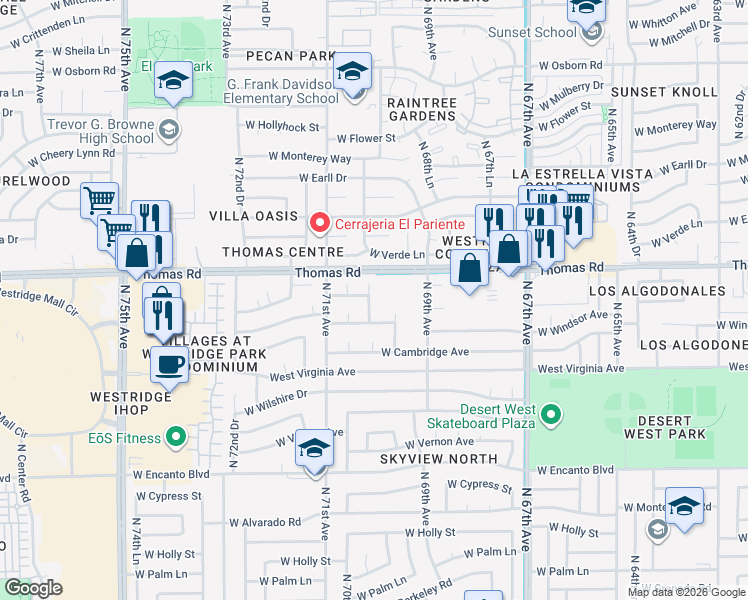 map of restaurants, bars, coffee shops, grocery stores, and more near 2802 North 70th Avenue in Phoenix