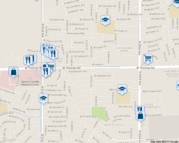 map of restaurants, bars, coffee shops, grocery stores, and more near 2800 North 87th Avenue in Phoenix