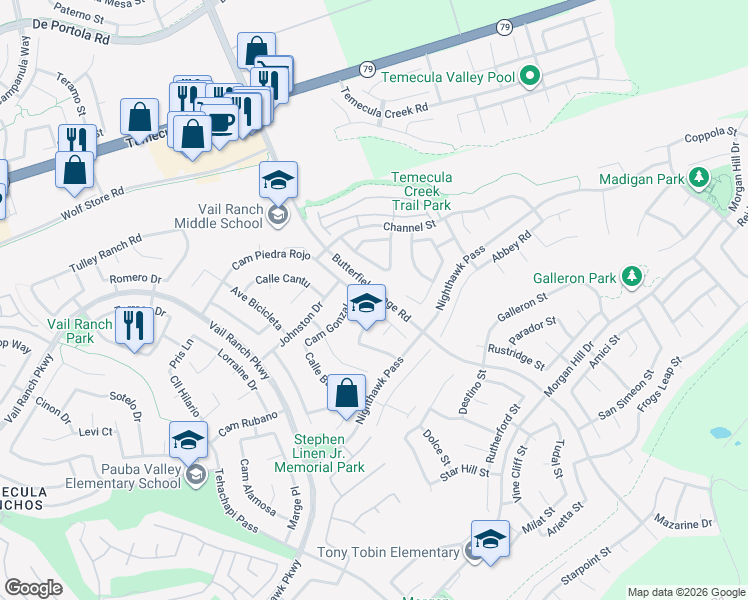 map of restaurants, bars, coffee shops, grocery stores, and more near 44611 Brentwood Place in Temecula