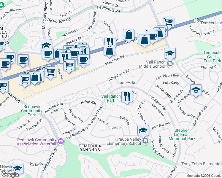 map of restaurants, bars, coffee shops, grocery stores, and more near 32965 Harmony Lane in Temecula