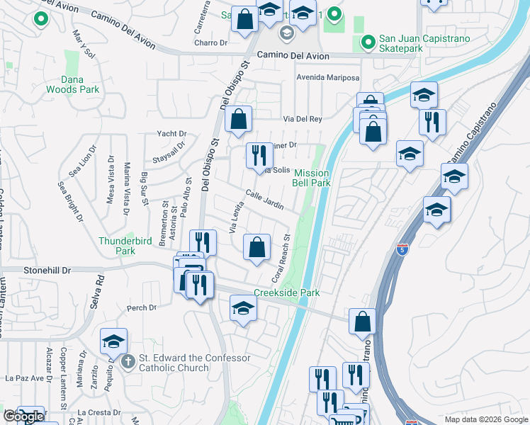 map of restaurants, bars, coffee shops, grocery stores, and more near 33342 Breezy Place in Dana Point