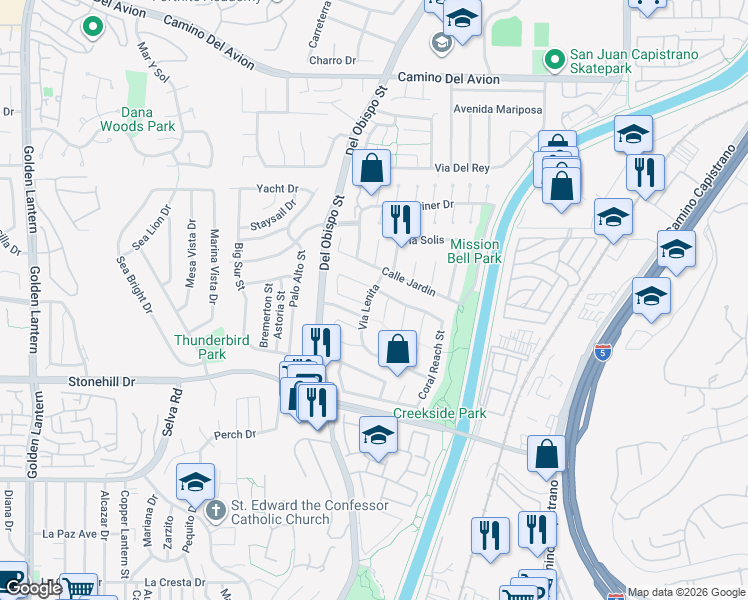 map of restaurants, bars, coffee shops, grocery stores, and more near 33342 Cove Island Place in Dana Point