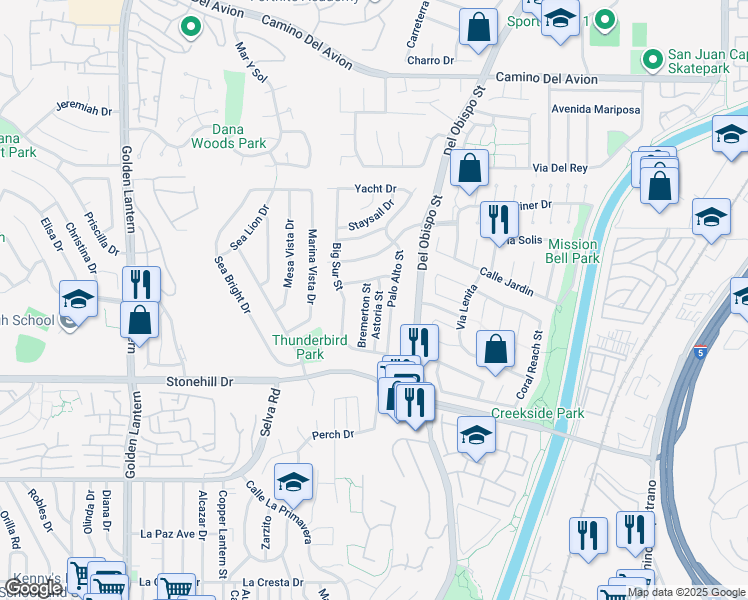 map of restaurants, bars, coffee shops, grocery stores, and more near 33342 Astoria Street in Dana Point