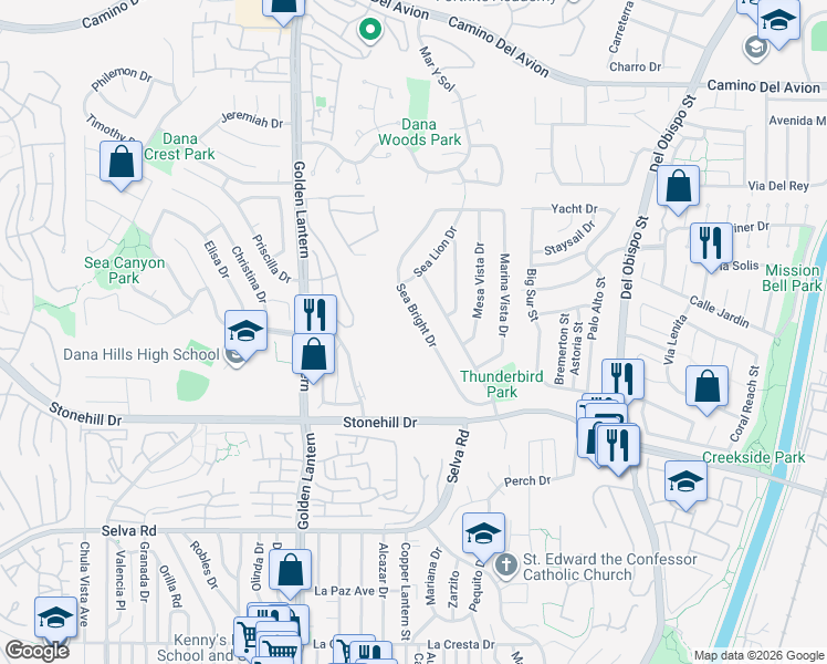 map of restaurants, bars, coffee shops, grocery stores, and more near 33351 Sea Bright Drive in Dana Point