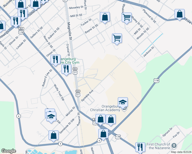 map of restaurants, bars, coffee shops, grocery stores, and more near 848 Travers Street Southeast in Orangeburg