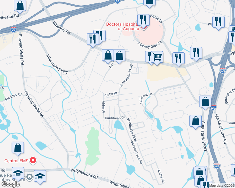 map of restaurants, bars, coffee shops, grocery stores, and more near 4016 Calypso Drive in Augusta