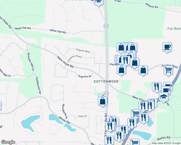 map of restaurants, bars, coffee shops, grocery stores, and more near 105 Argonne Drive in Fayetteville