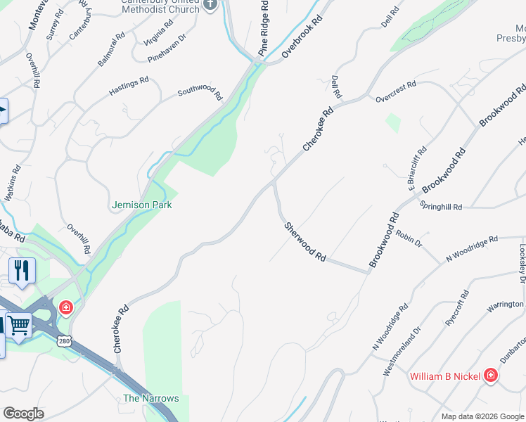 map of restaurants, bars, coffee shops, grocery stores, and more near 2975 Cherokee Road in Birmingham