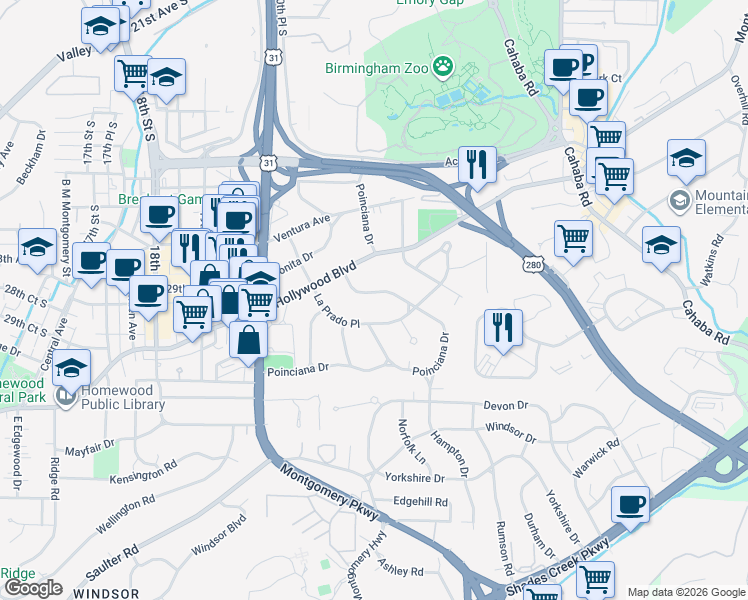 map of restaurants, bars, coffee shops, grocery stores, and more near 227 La Prado Place in Homewood