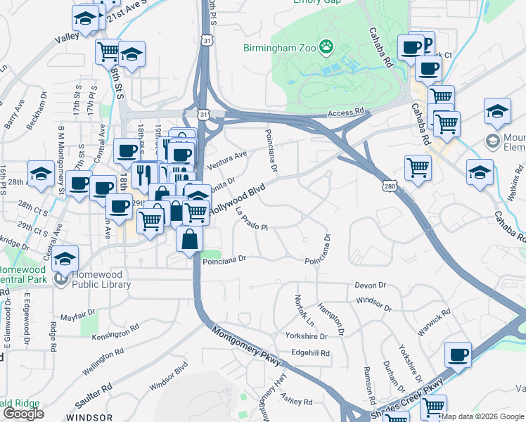map of restaurants, bars, coffee shops, grocery stores, and more near 215 La Prado Place in Homewood