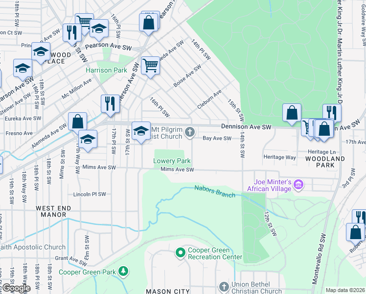 map of restaurants, bars, coffee shops, grocery stores, and more near 1438 16th Street Southwest in Birmingham