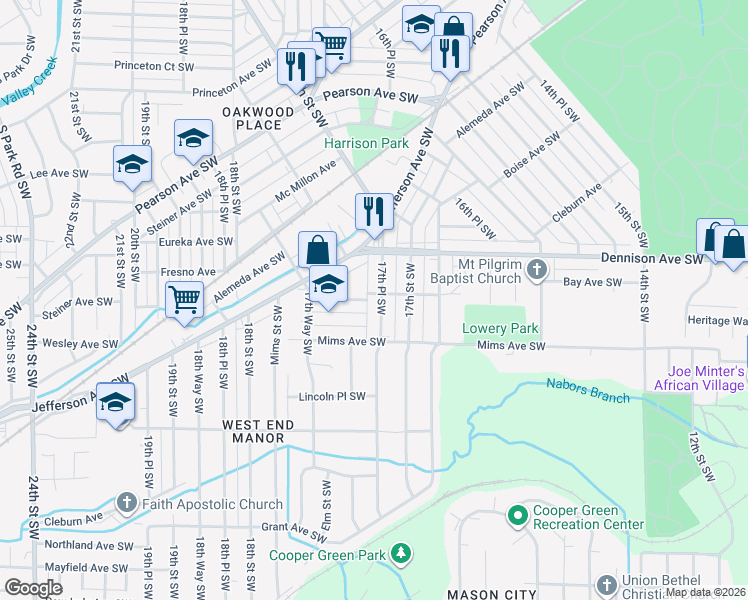 map of restaurants, bars, coffee shops, grocery stores, and more near 1425 17th Place Southwest in Birmingham