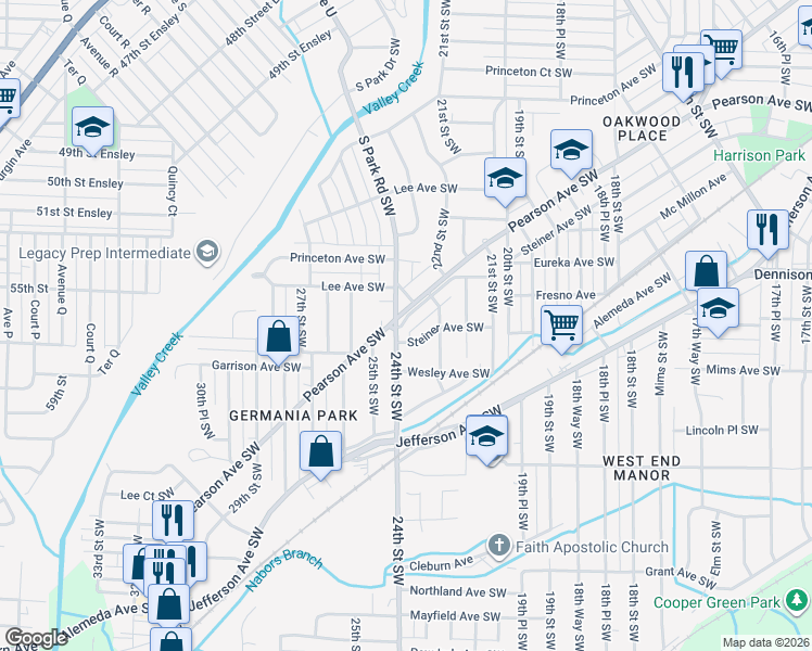 map of restaurants, bars, coffee shops, grocery stores, and more near 2335 Steiner Avenue Southwest in Birmingham