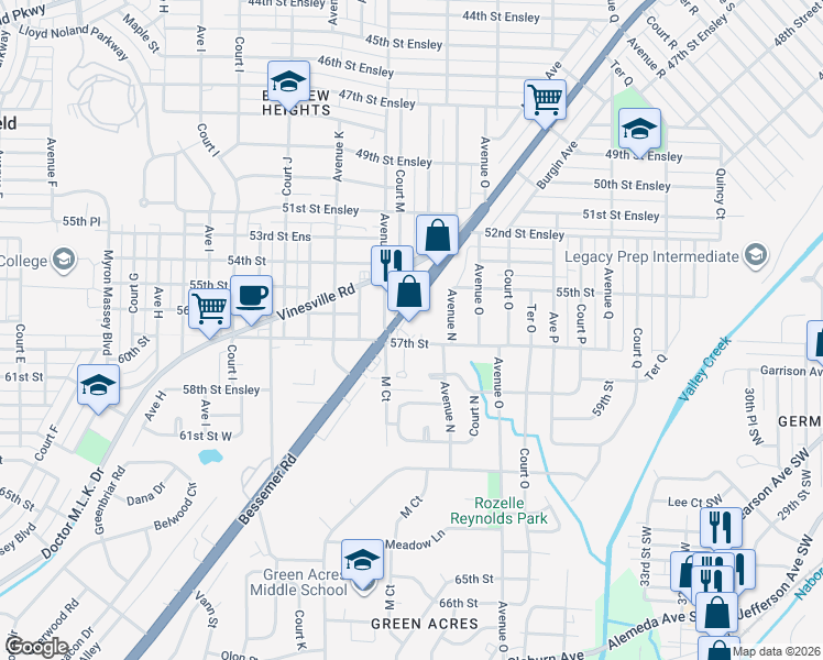 map of restaurants, bars, coffee shops, grocery stores, and more near 1323 57th Street in Birmingham