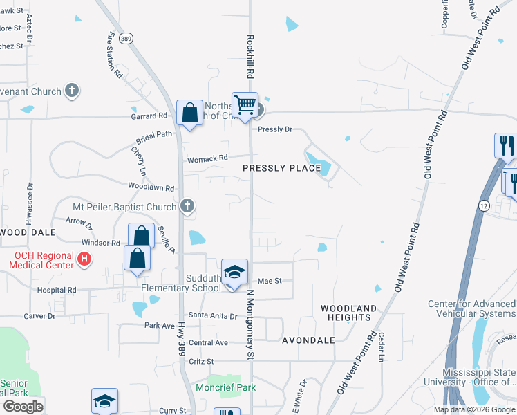 map of restaurants, bars, coffee shops, grocery stores, and more near 905 North Montgomery Street in Starkville