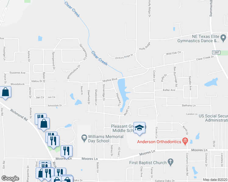 map of restaurants, bars, coffee shops, grocery stores, and more near 6105 Pleasant Lane in Texarkana